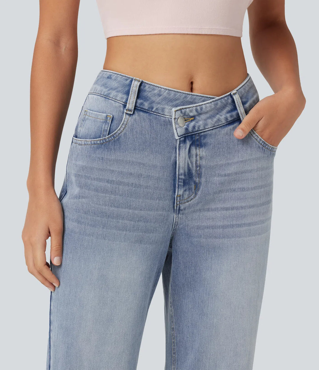 Halara Flex Asymmetric Mid Rise Straight Leg Casual Jeans with Pockets
