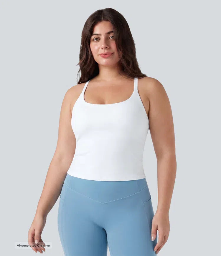 Plus Size Scoop Neck Crisscross Back Crossover Hem Yoga Cami Top