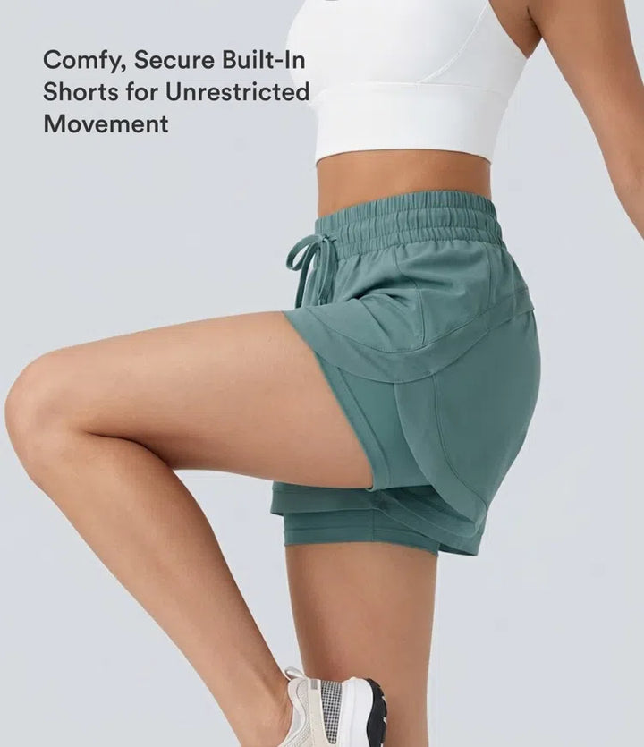 Mid Rise Drawstring Contrast Mesh 2-in-1 Flowy Running Shorts 3&