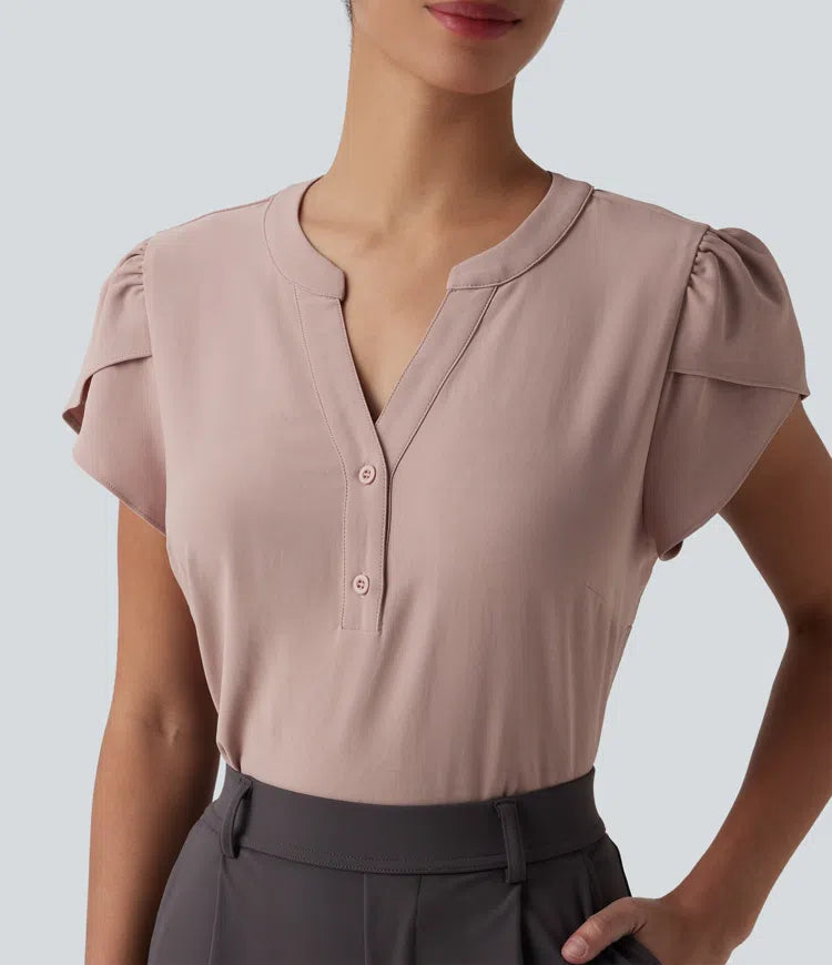 V-neck Petal Short Sleeve Work Blouse