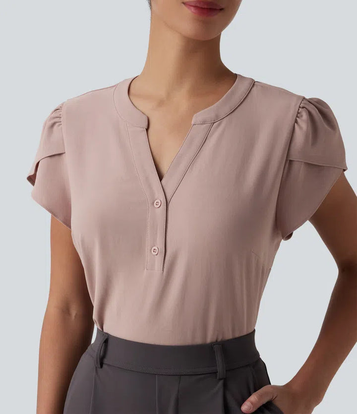 V-neck Petal Short Sleeve Work Blouse