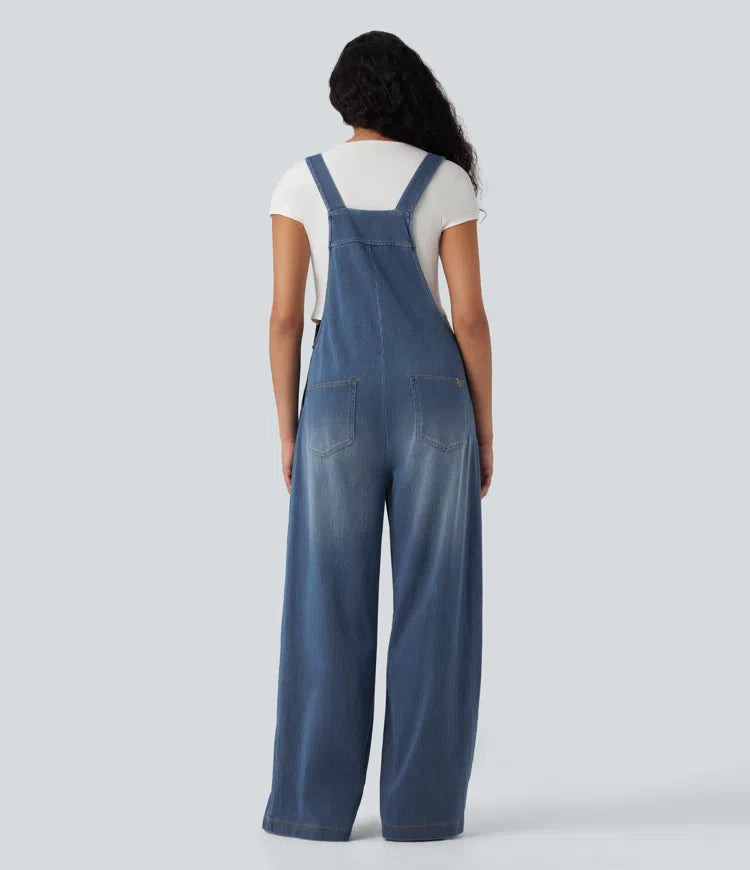 Halara Flex Square Neck Washed Denim Casual Overalls with Pockets