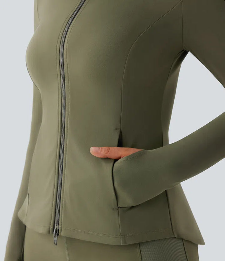 SoftlyZero Stand Collar Thumb Hole Pockets Pleated Zipper Slim Jacket