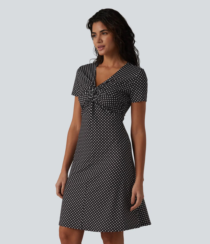 V Neck Short Sleeve Polka Dot Knee Length Casual Dress