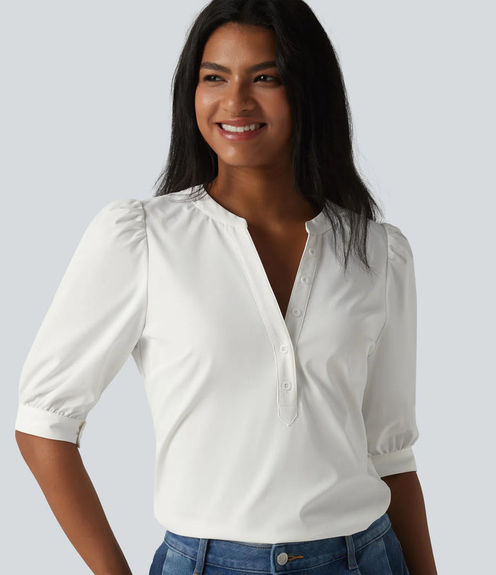 Henley Neck Puff Half Sleeve Casual Blouse