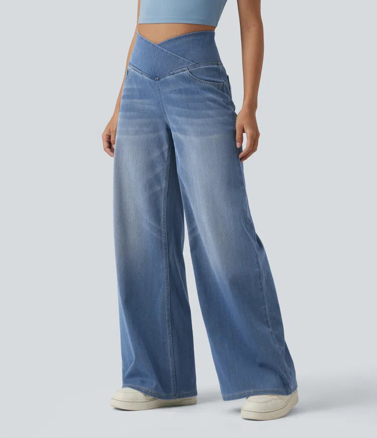 Halara Flex Crossover High Waisted Tummy Control Wide Leg Casual Jeans with Pockets