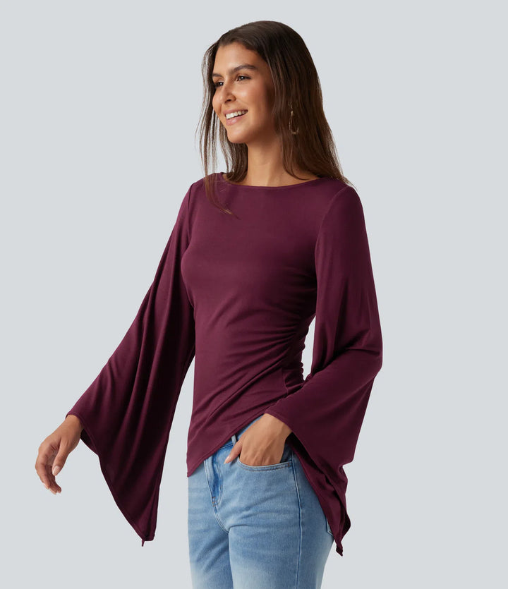 Ribbed Boat Neck Asymmetric Flounce Long Sleeve Ruched Casual Top