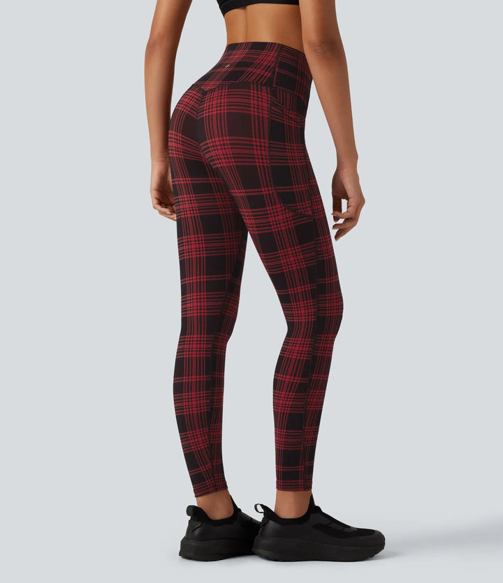 Halara UltraSculpt Plaid Print High Waisted Tummy Control Running Leggings with Pockets