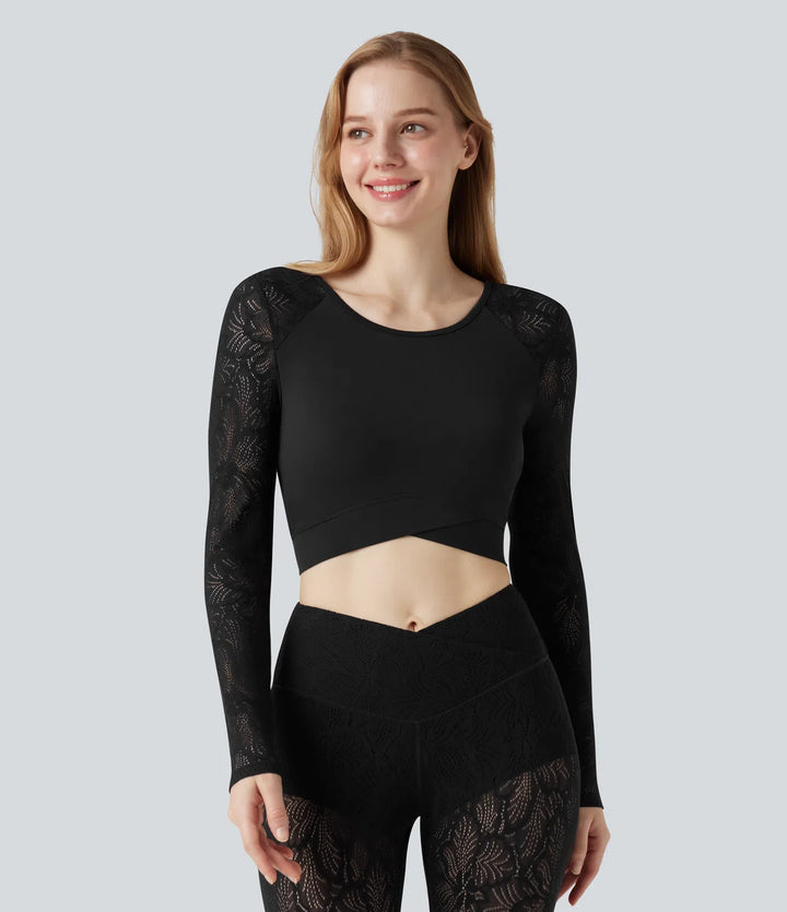 SoftlyZero Contrast Lace Crossover Hem Long Sleeve Cropped Yoga Sports Top
