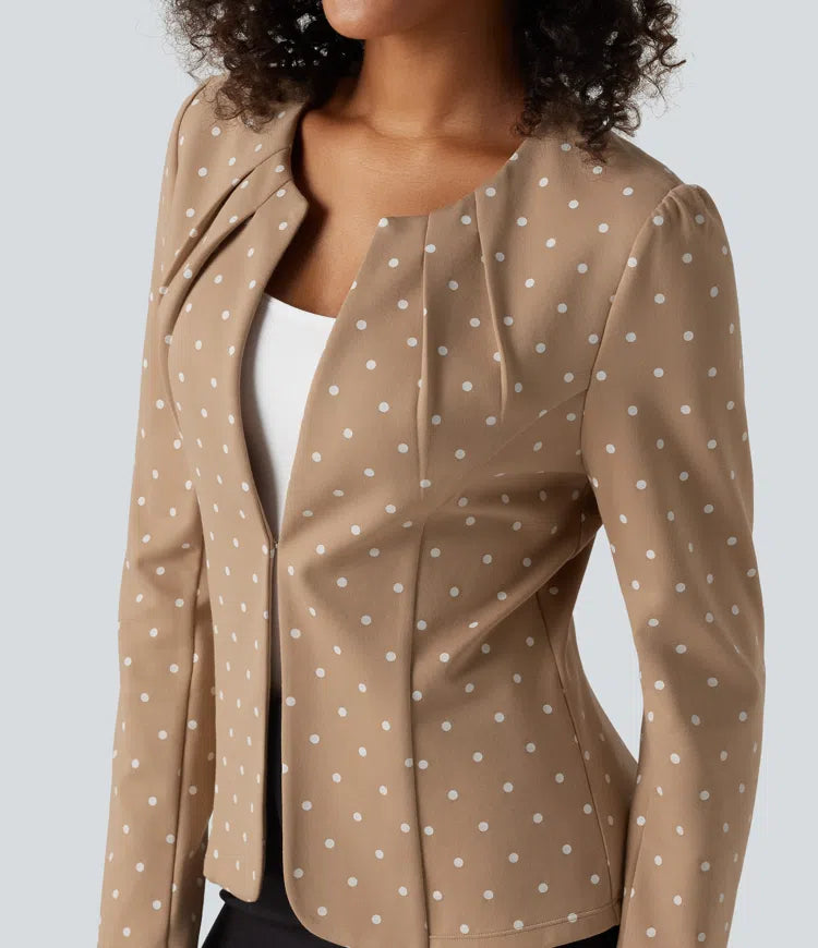 Round Neck Curved Hem Polka Dot Long Sleeve Work Blazer