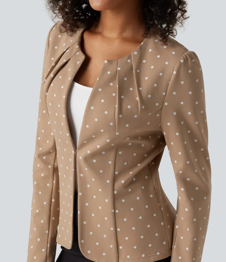 Round Neck Curved Hem Polka Dot Long Sleeve Work Blazer