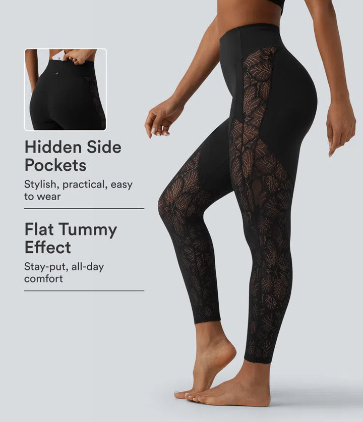 Halara UltraSculpt High Waisted Tummy Control Contrast Lace Yoga 7/8 Leggings with Pocket