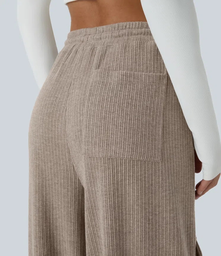 Ribbed Mid Rise Drawstring Pockets Wide Leg Cargo Casual Pants