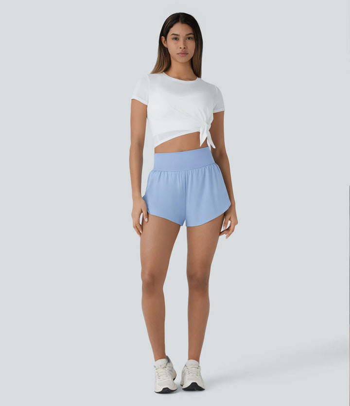SoftlyZero QuickDry High Waisted Tummy Control Reflective Dots Crossover Hem 2-in-1 Running Shorts 3&