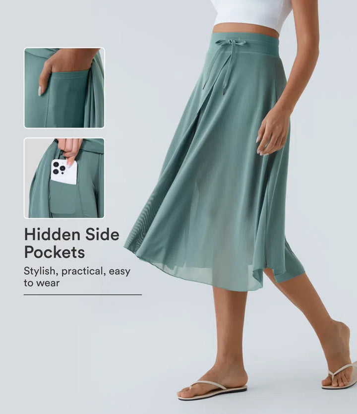 High Waisted Drawstring Contrast Mesh 2-in-1 Pocket Flowy Midi Flare Casual Skirt