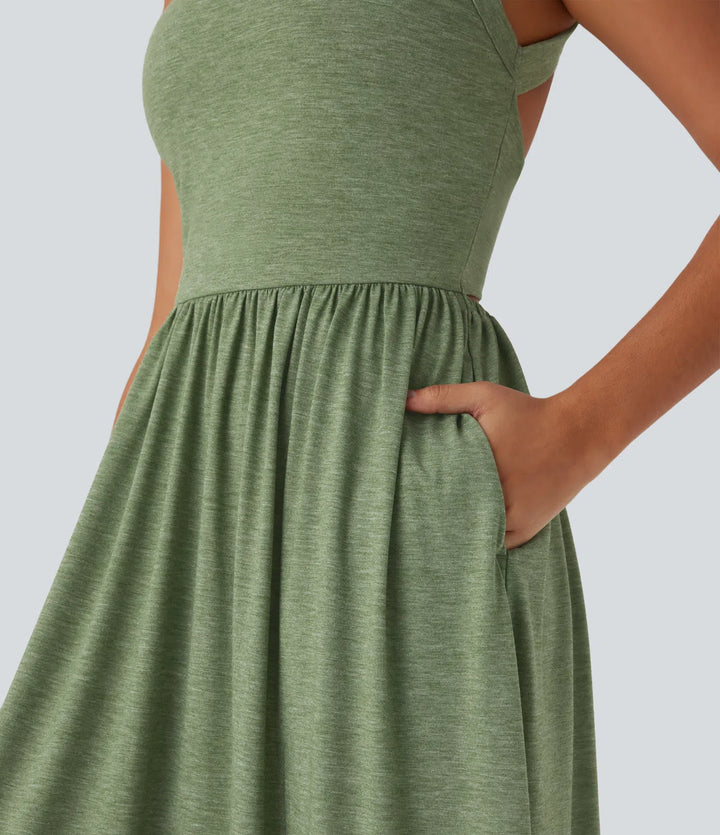 Twisted Backless Split Flowy Maxi Resort Dress with Pockets