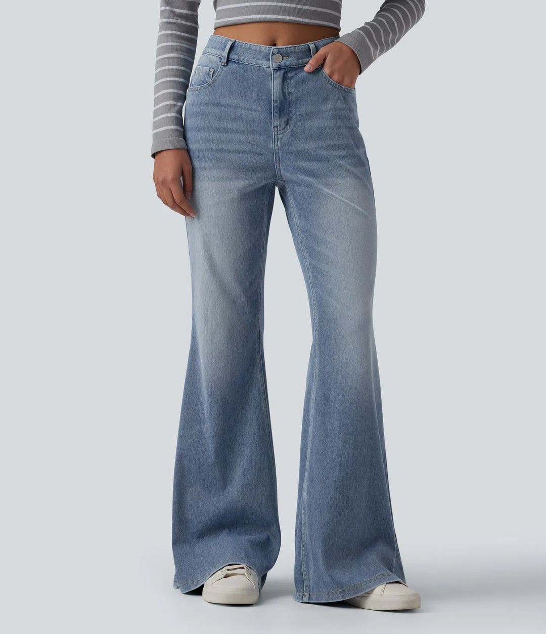 Halara Flex Mid Rise Washed Casual Flare Jeans with Pockets