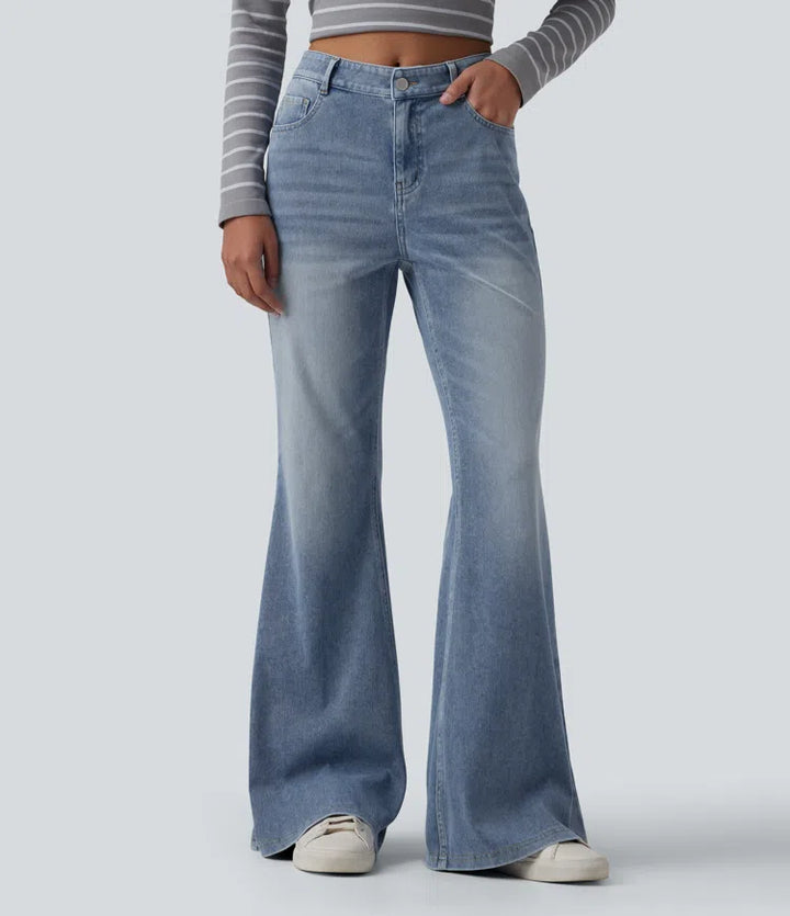 Halara Flex Mid Rise Washed Casual Flare Jeans with Pockets