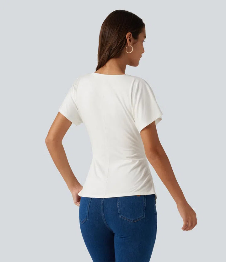 V-Neck Short Sleeve Ruched Slim Casual T-Shirt