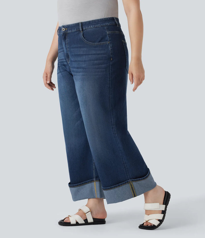 Plus Size Halara Flex High Waisted Wide Leg Rolled Hem Washed Stretchy Knit Casual Jeans with Pockets