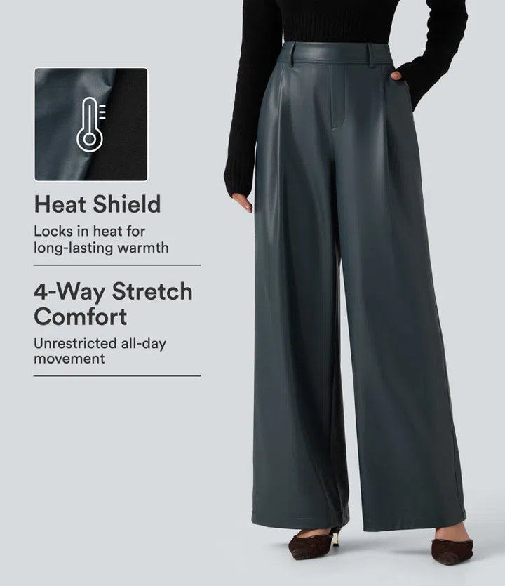 High Waisted Wide Leg Stretchy PU Fleece Casual Pants with Pockets