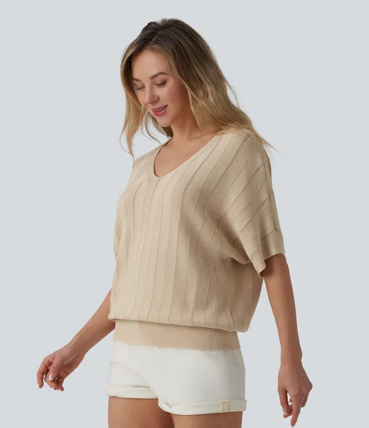 V Neck Short Sleeve Casual Sweater