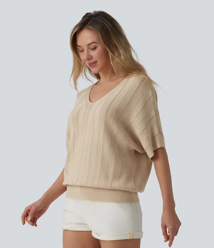 V Neck Short Sleeve Casual Sweater