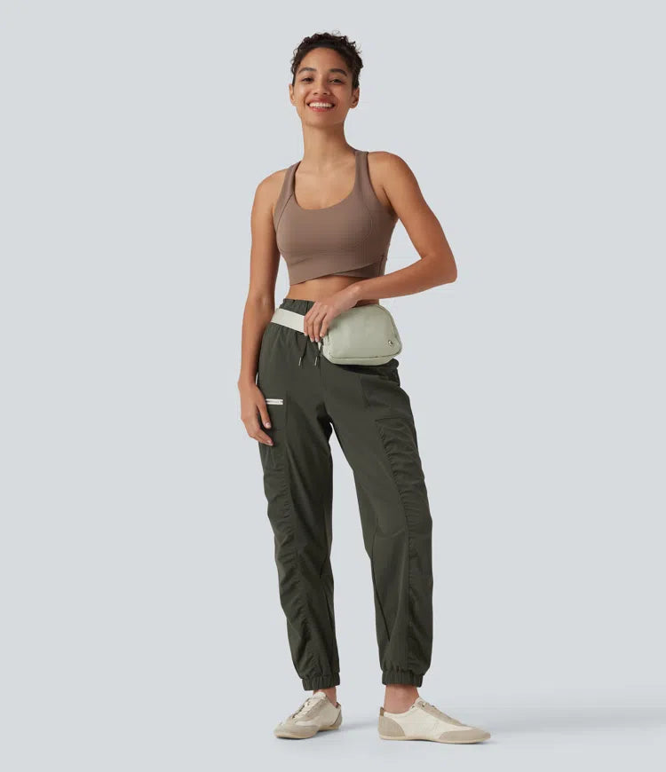 Mid Rise Drawstring Ruched Tapered Quick Dry InstantCool Running Joggers with Pockets-UPF40+