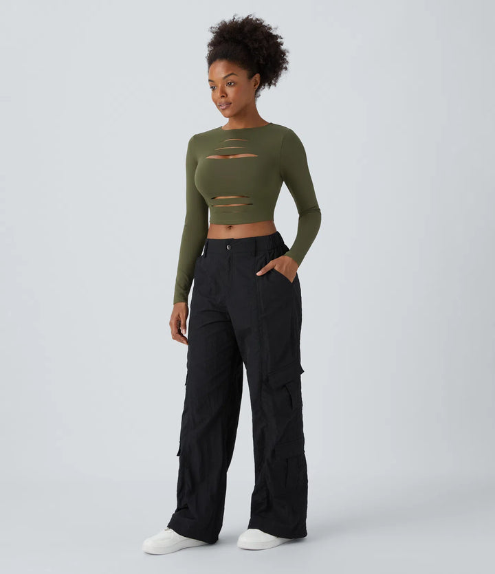 DayStretch Round Neck Long Sleeve Cut Out Ripped Skinny Cropped Casual Top