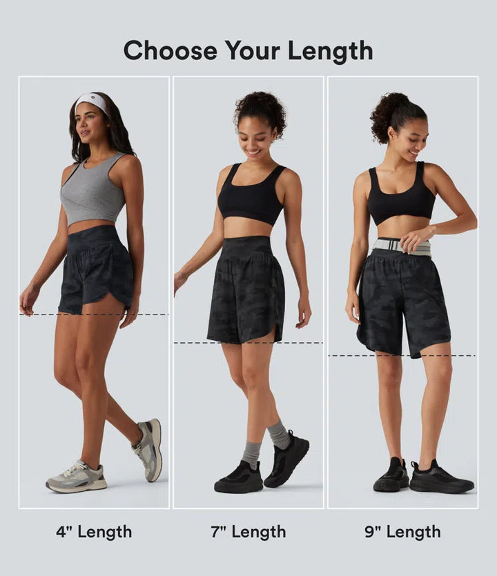 Halara UltraSculpt Camo Print High Waisted Tummy Control Curved Hem 2-in-1 Running Shorts 4" with Pocket