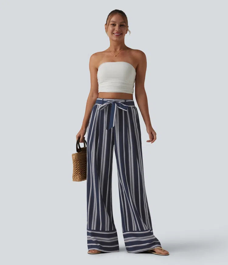 High Waisted Belted Stripes Resort Baggy Pants with Pockets