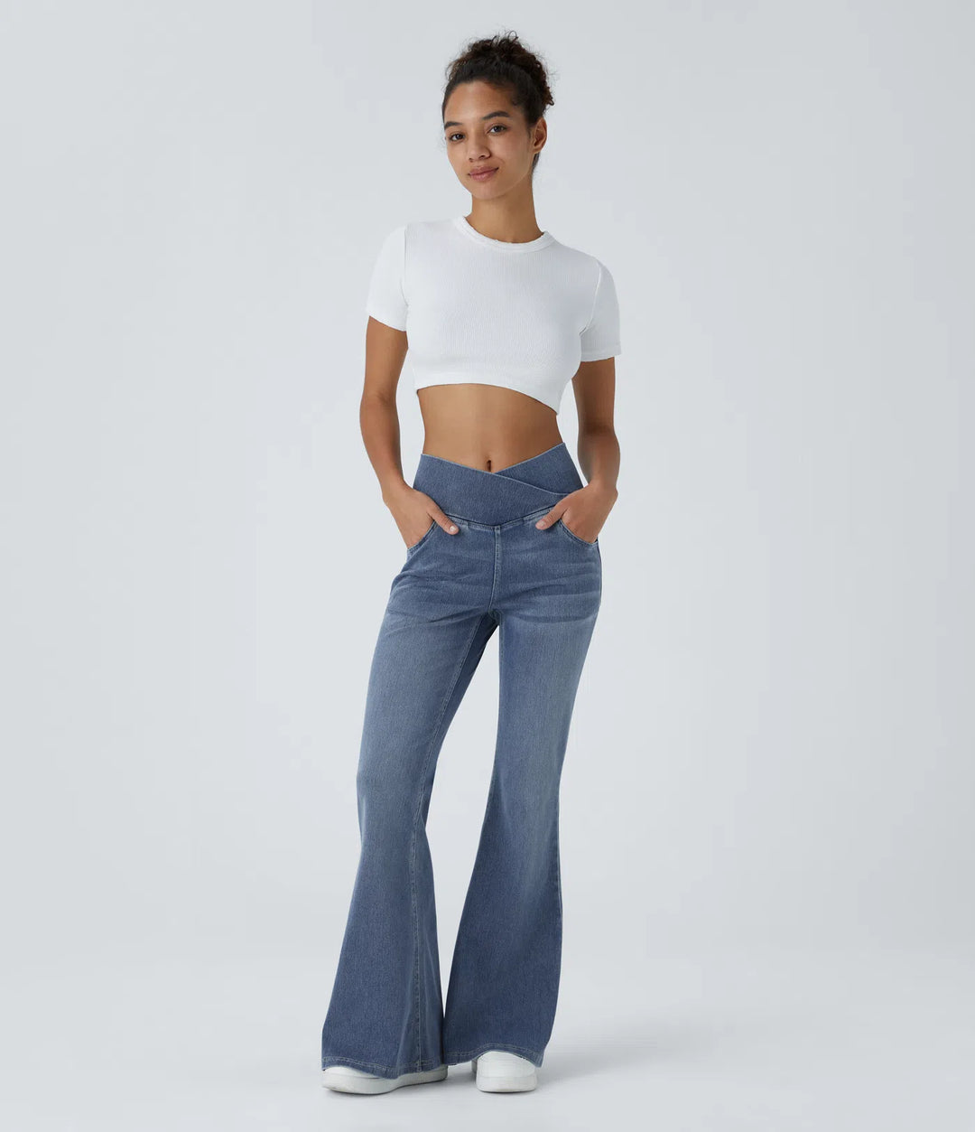 Halara Flex High Waisted Crossover Pocket Washed Casual Flare Jeans