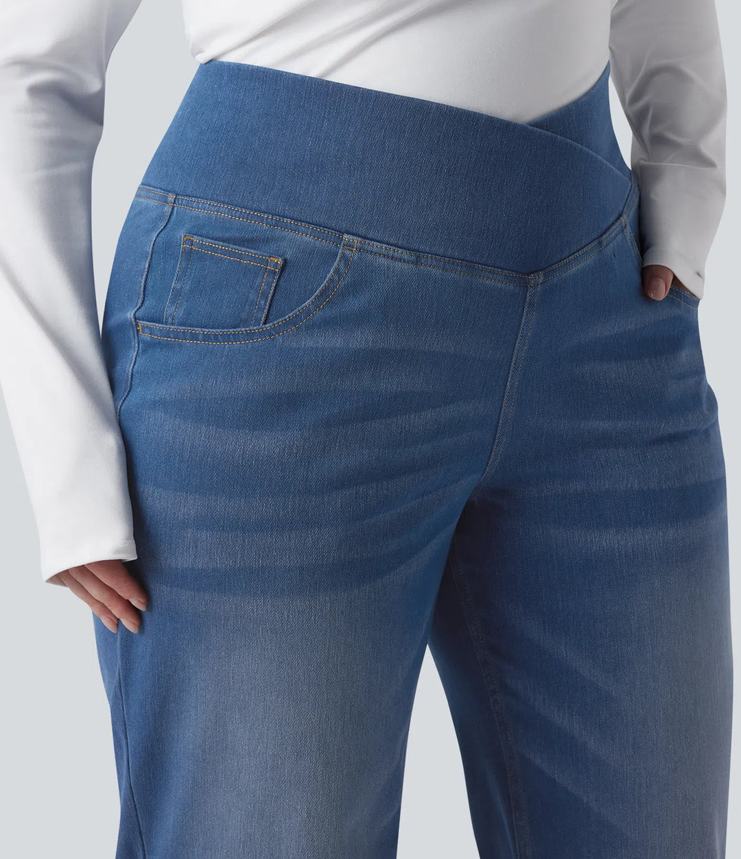 Halara Flex Crossover High Waisted Tummy Control Casual Straight Leg Plus Size Jeans with Pockets