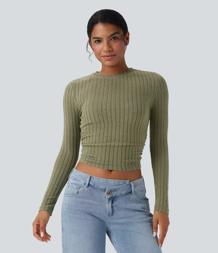 Ribbed Knit Long Sleeve Cropped Casual Top