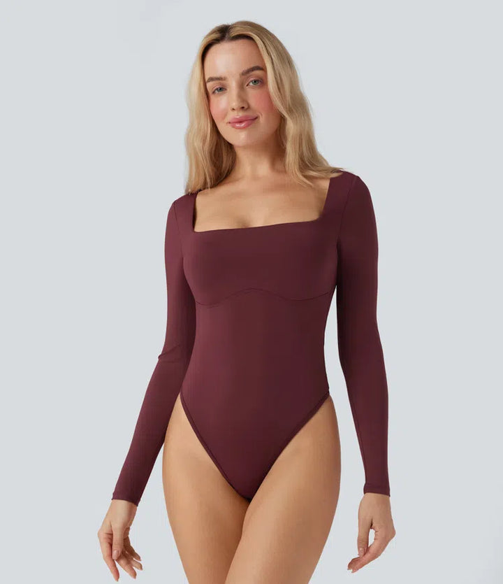 Square Neck Long Sleeve Built-in Bra Skinny Work Bodysuit