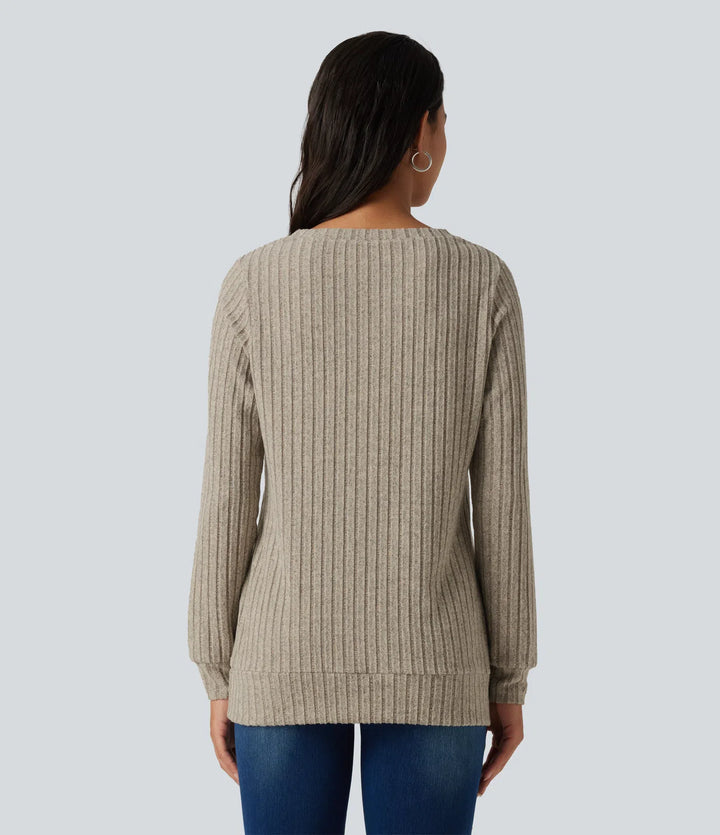 Ribbed Knit V Neck Long Sleeve Casual T-Shirt