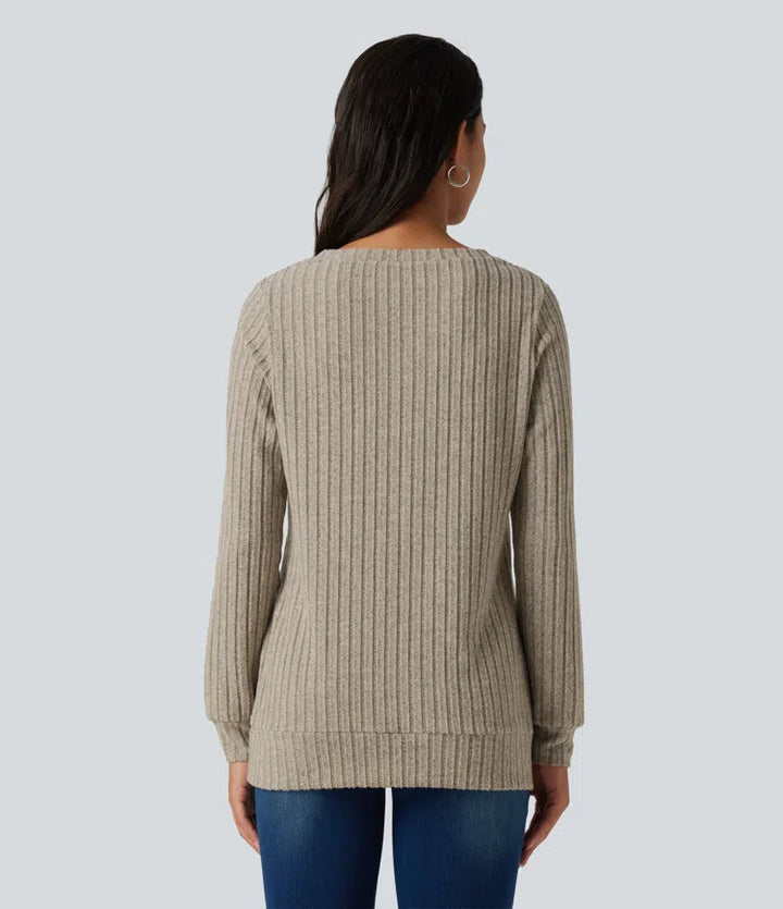 Ribbed Knit V Neck Long Sleeve Casual T-Shirt
