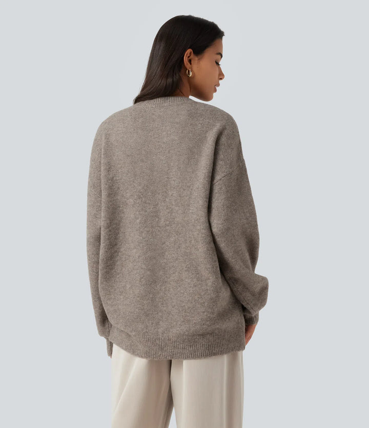 Round Neck Dropped Long Sleeve Work Wool-Blend Sweater