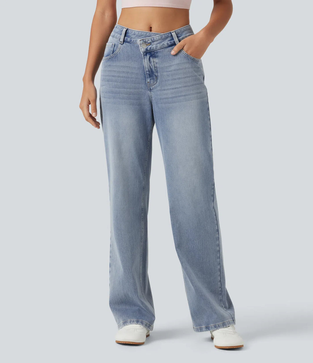 Halara Flex Asymmetric Mid Rise Straight Leg Casual Jeans with Pockets