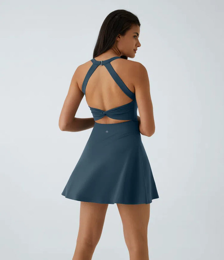 SoftlyZero Airy Backless Twisted Flare Low Support Dance Active Dress-Longer Length-Easy Peezy Edition A-D Cups