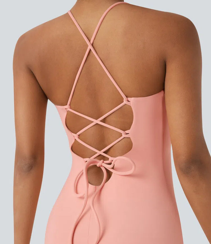 SoftlyZero Airy Crossover Ruched Lace Up Bodycon InstantCool Dress DD-F Cups