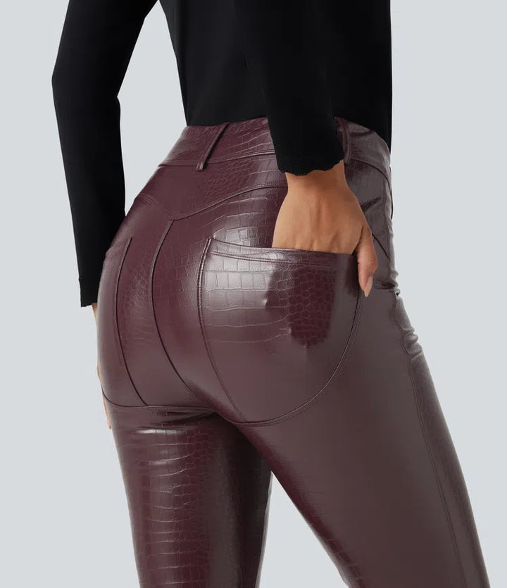 High Waisted Snakeskin Print Stretchy PU Fleece Casual Leggings with Pockets