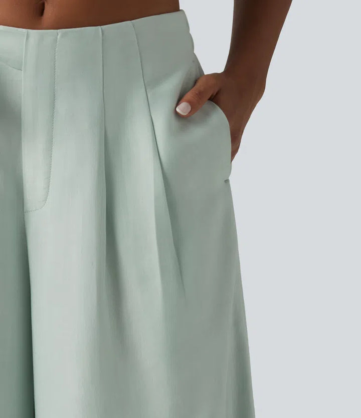 High Waisted Tie Side Baggy Linen-Blend Pants with Pockets