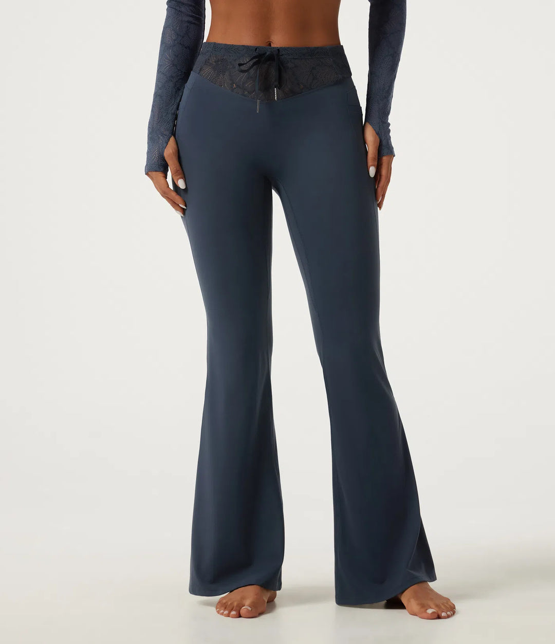 Halara UltraSculpt Mid Rise Drawstring Contrast Lace Flare Yoga Leggings with Pockets