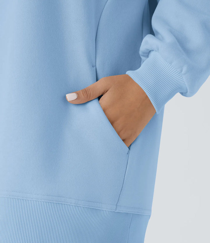 Round Neck Long Sleeve Pocket Oversize Fleece Casual Sweatshirt