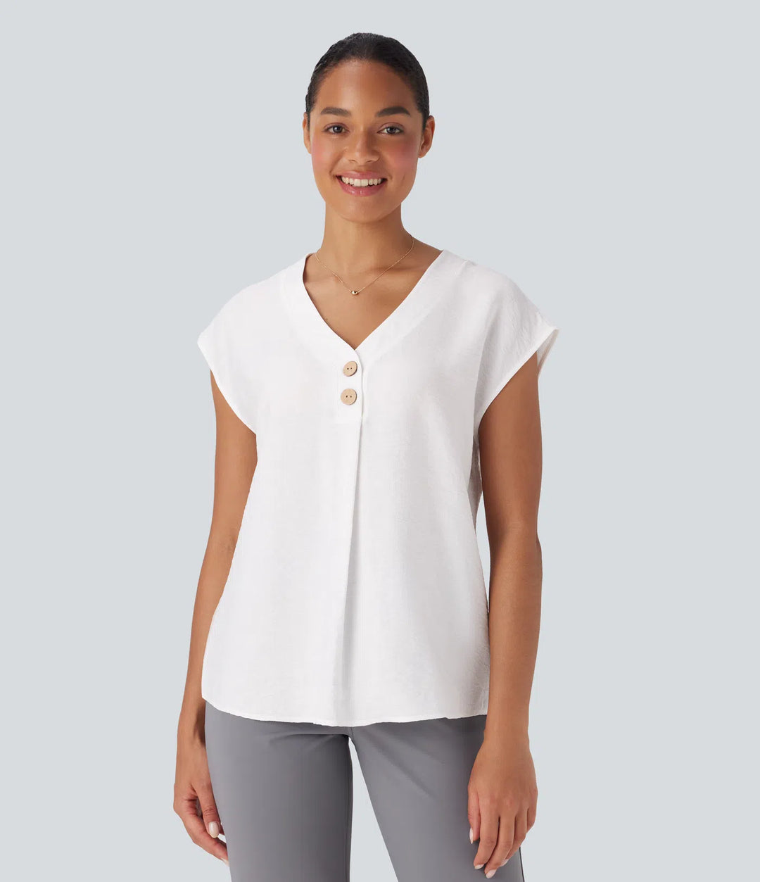V Neck Cap Sleeve Decorative Work Blouse