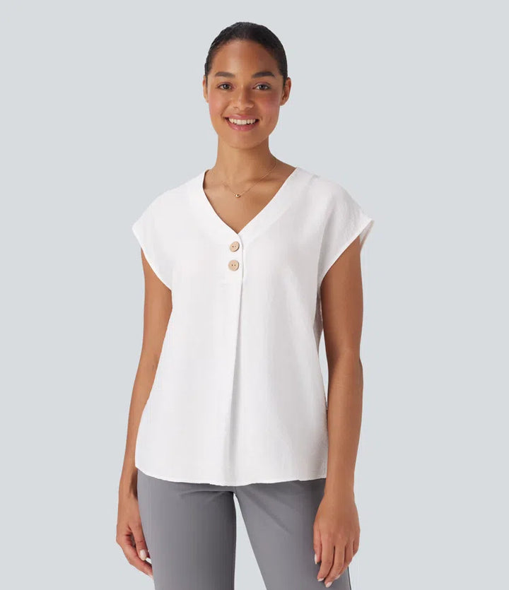 V Neck Cap Sleeve Decorative Work Blouse