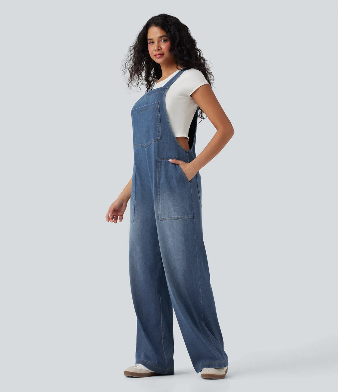 Halara Flex Square Neck Washed Denim Casual Overalls with Pockets