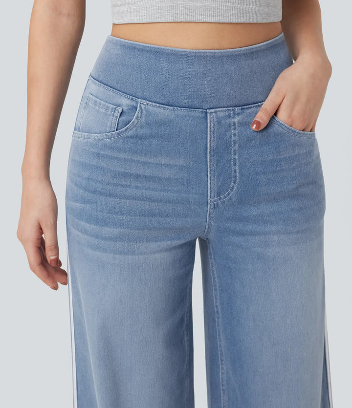 Halara Flex High Waisted Stripe Wide Leg Flowy Washed Casual Jeans with Pockets