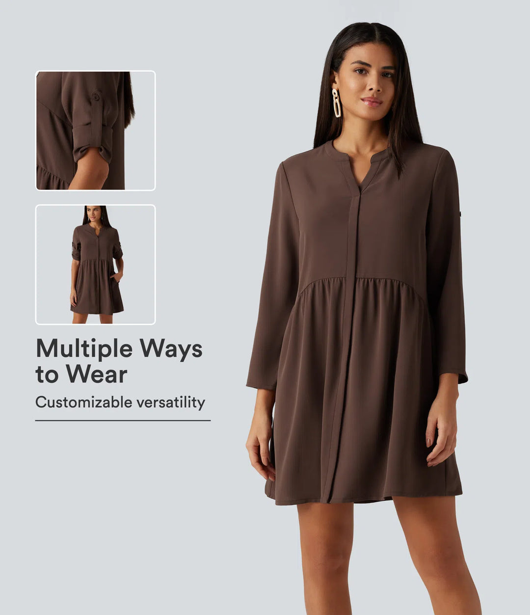 Notched Collar Long Sleeve Mini Casual Shirt Dress with Pockets